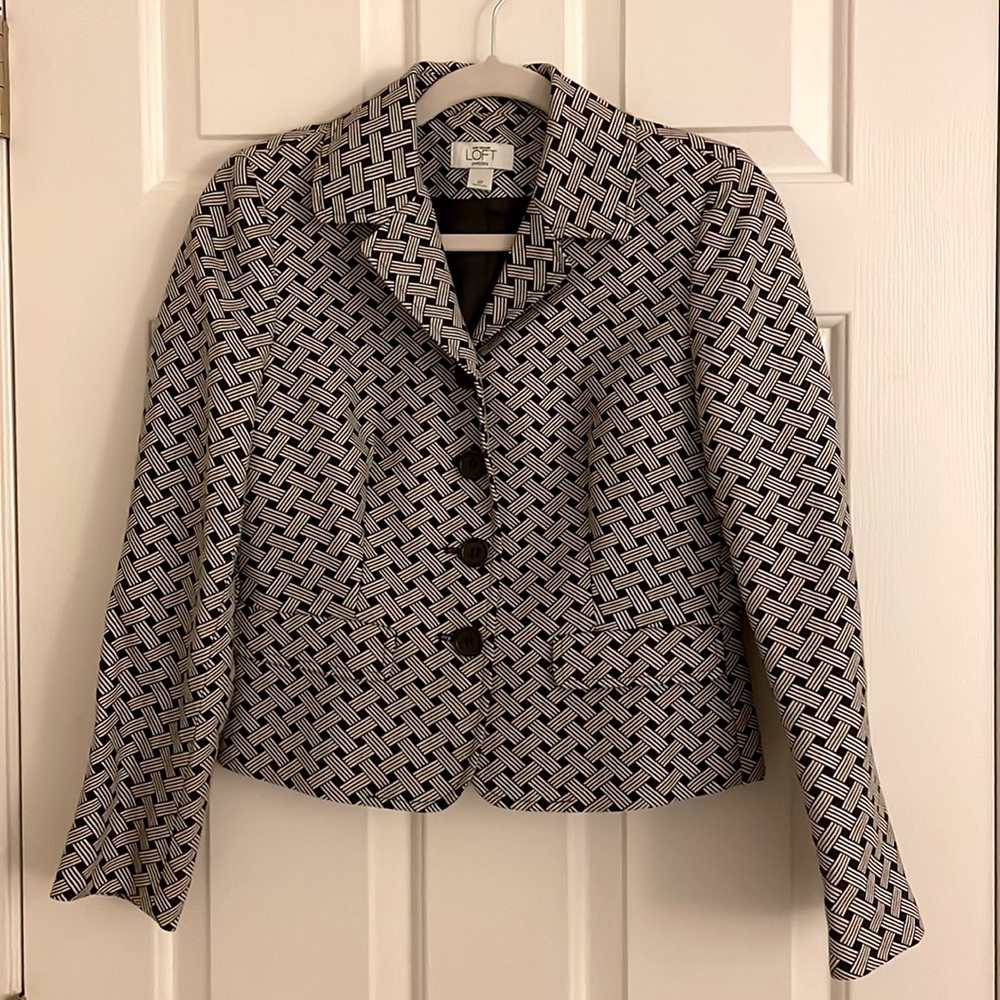 Ann Taylor LOFT Brown & Cream Basket Weave Blazer 4 Petite